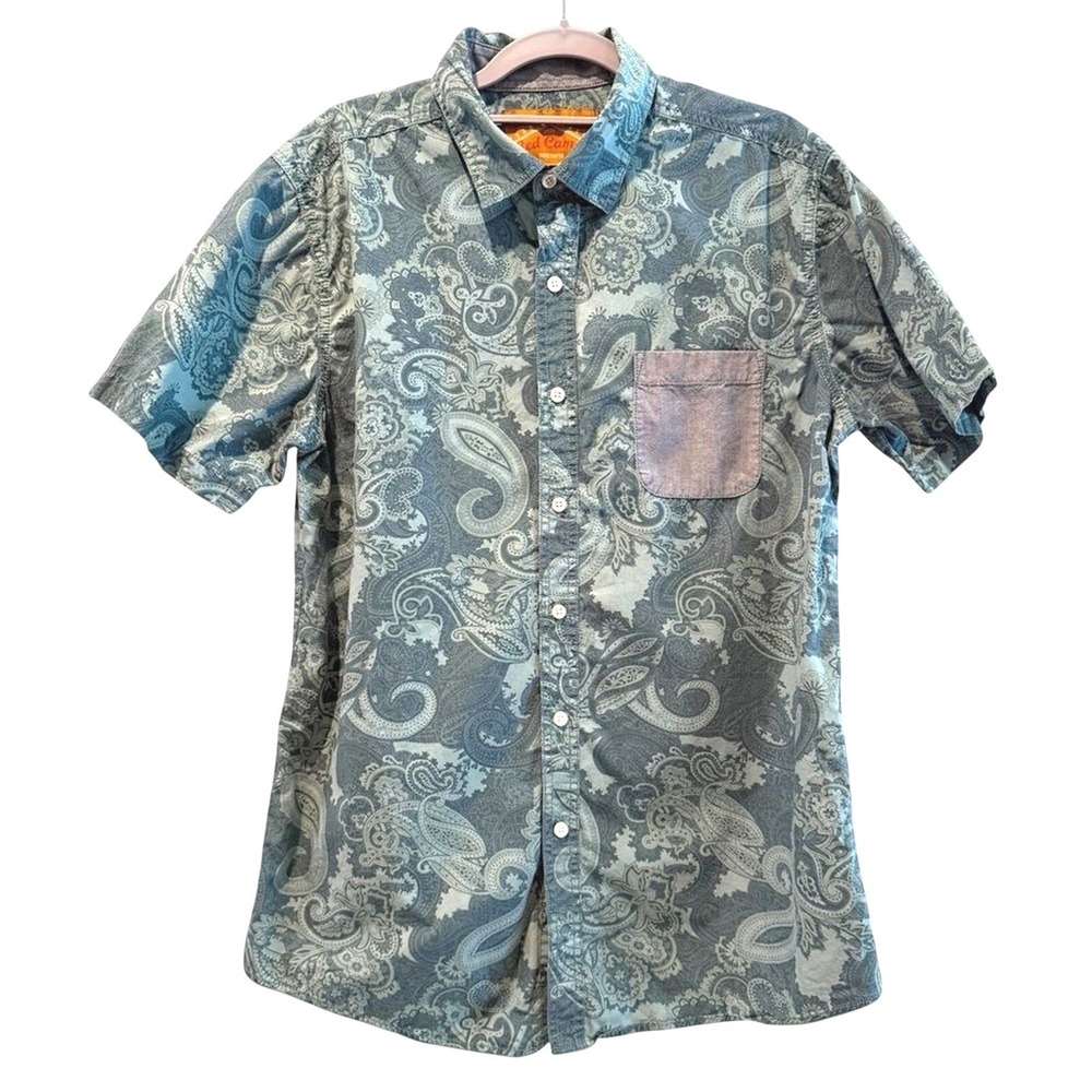 Red Camel Mens Short Sleeve Button Up‎ Shirt Blue Paisley Print Size L - Picture 2 of 6